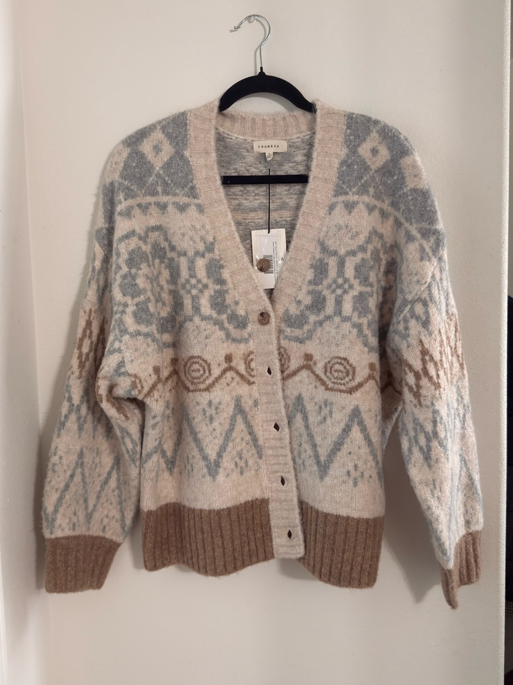 Promesa Cream Fair Isle Button-Front Cardigan with Blue & Brown Accents